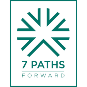 Logo of 7 paths forward that encomprises of a bunch of green parallel lines forming an asterisk. Under the asterisk is the words "7 Paths Forward