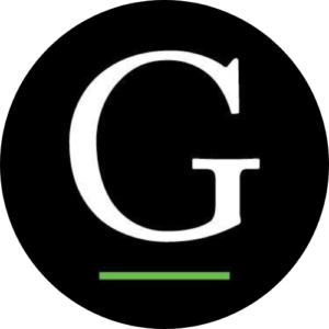 Gallup logo of a black circle with a letter G in the middle and a green line under it
